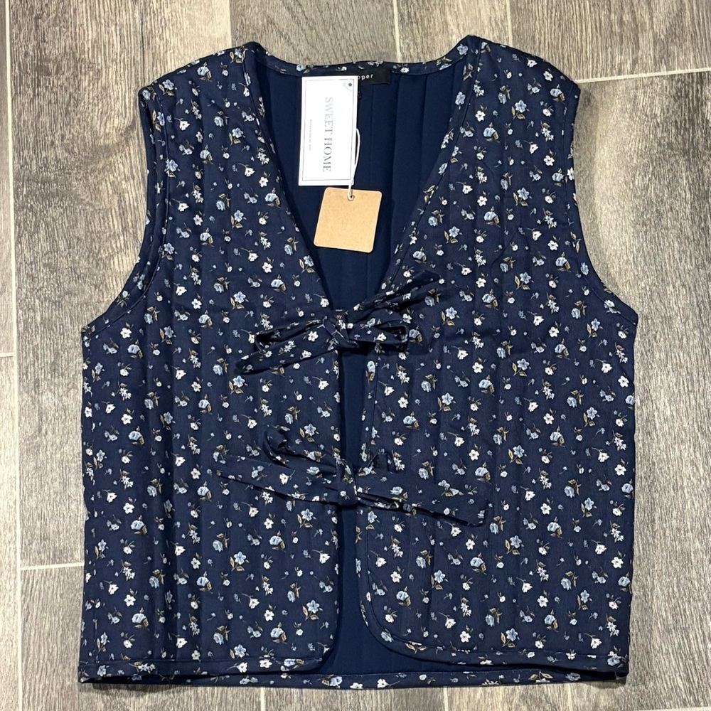 Blu Pepper Boho Navy Floral Quilted Tie Front Vest